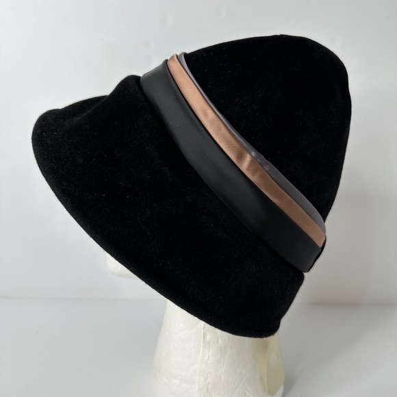 Vintage Parks-Belk Black Genuine Velour Fur Cloche Hat Union Made Size 22 Bow main image 13